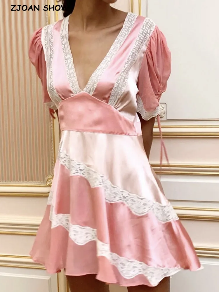 

2022 милое кружевное розовое атласное мини-платье, женское платье с v-образным вырезом и бантом, рюшами, пышными рукавами, тонкая талия, праздн...