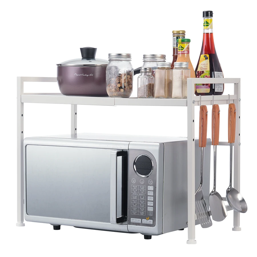 

Expandable Microwave Oven Rack Kitchen Storage Organizer Cabinet Counter Stand Shelf Height Adjustable with 3 Hooks