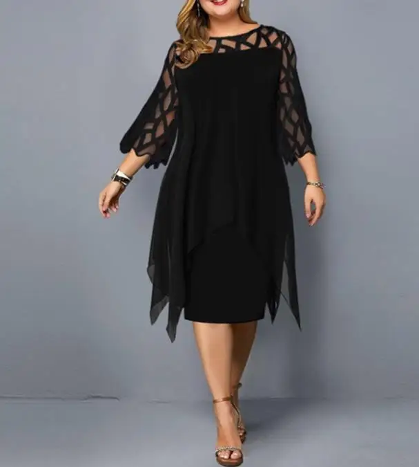 

Elegant Party Dresses for Women 2023 Summer New Fashion Lace Splice with 7/4 Sleeve Hollow Out Irregular Hem Chiffon Dress