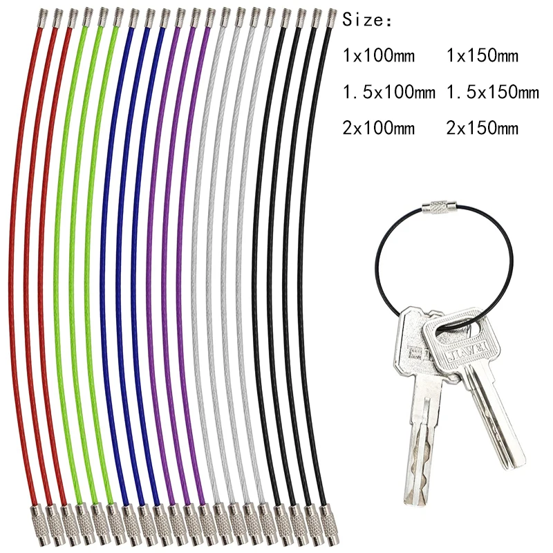 10Pcs/set 100/150mm Keychain Tag Rope Stainles Steel EDC Wire Cable Loop Screw Lock Gadget Ring Key Keyring DIY Hand Tools