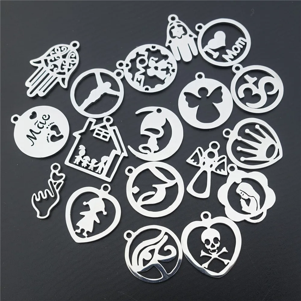 

50 Pcs Stainless Steel Charms Family Members Virgin Mary Jesus Angel Yoga OM Palm Pendant Diy Jewelry Findings Component Mix