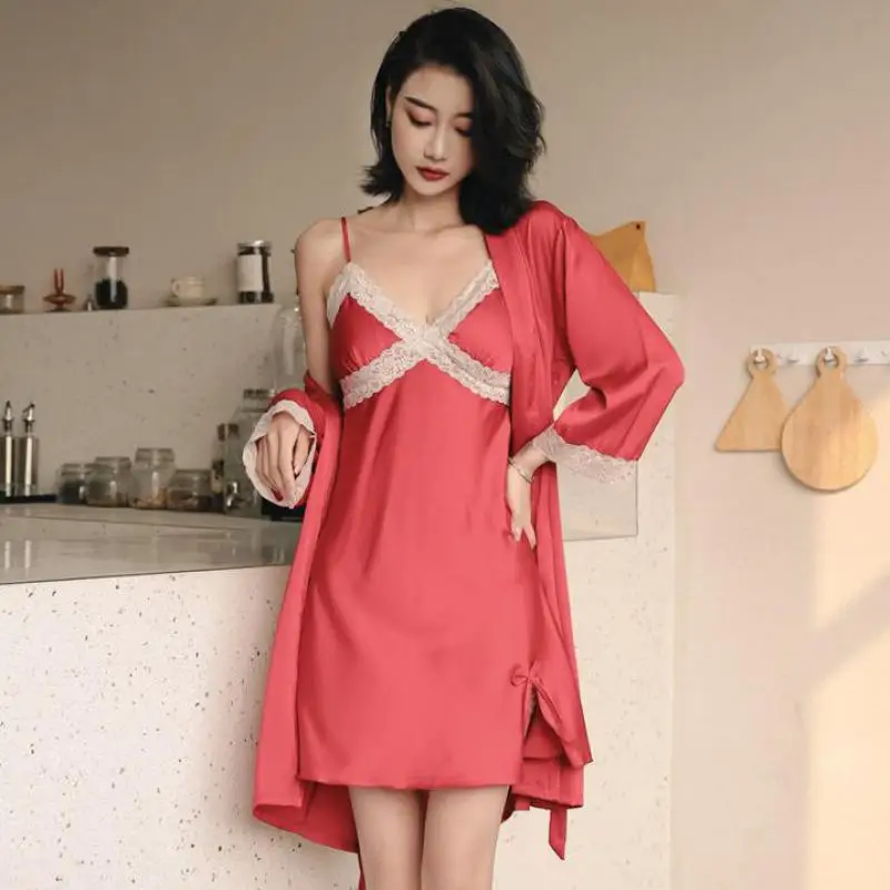 

Summer Sleepwear Sexy Women 2PCS Robe Set Lace Satin Nightwear Patchwork Kimono Gown Casual Bathrobe Suit Intimate Lingerie