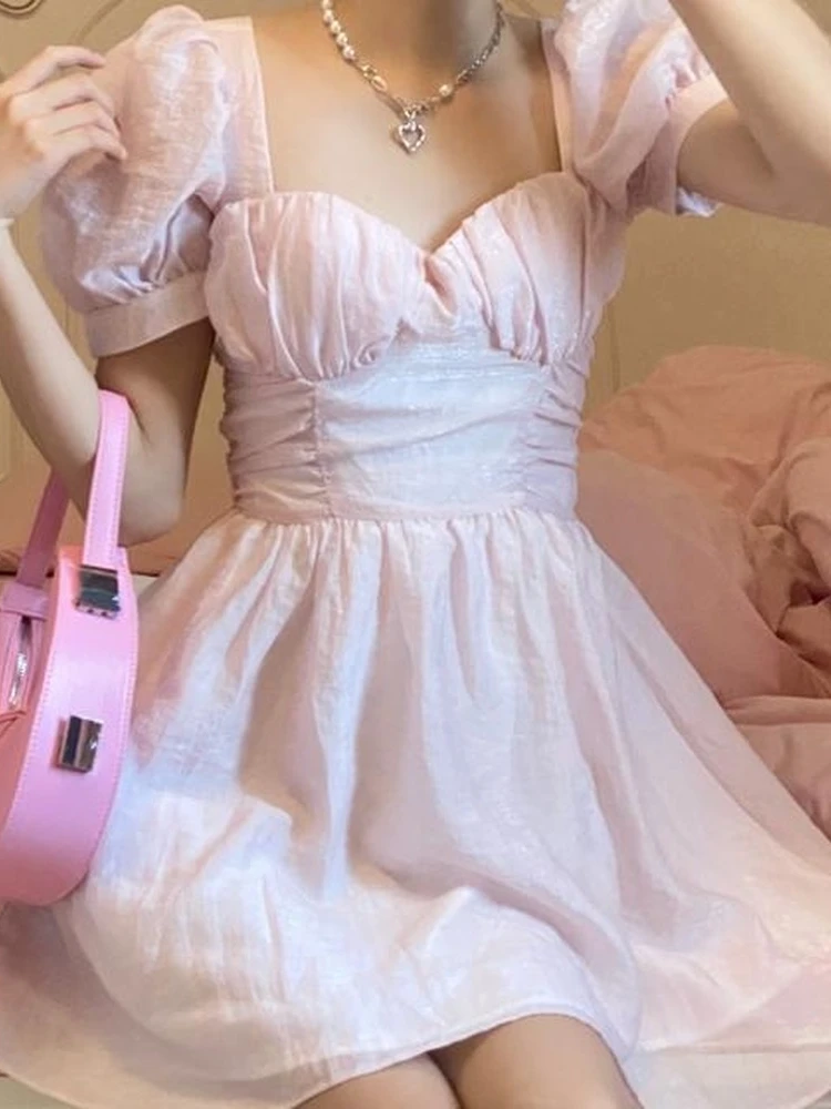 

QWEEK Vintage Pink Wrap Dress Women Retro Elegant Bodycon Puff Sleeve Short Dresses Fairy Party Square Collar 2022 Summer