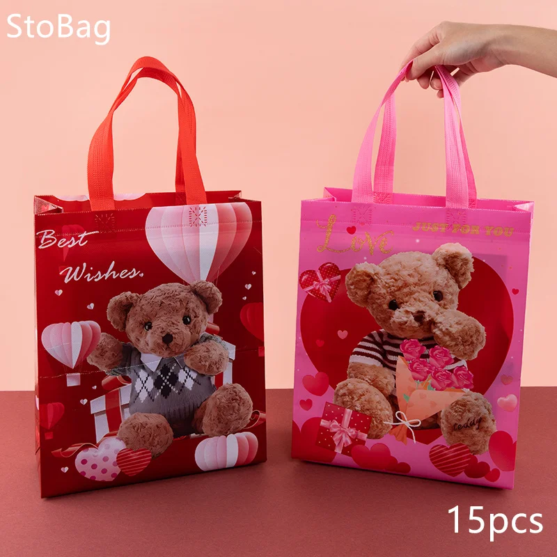 

StoBag Non Woven Tote Bag with Bear Waterproof Packaging Gift Candy Flowers Clothes Snack For Weeding Birthday Party Supplies