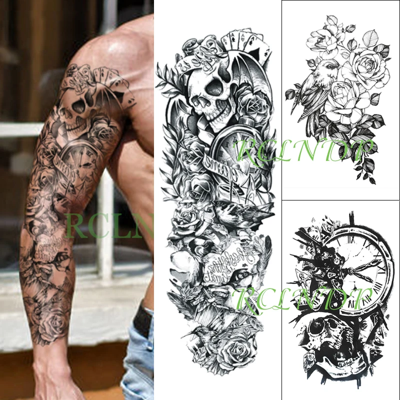 

Waterproof Temporary Tattoo Sticker Skull Clock Rose Bird Flower Large Size Fake Tatto Big Flash Tatoo for Men Women 3 Pcs