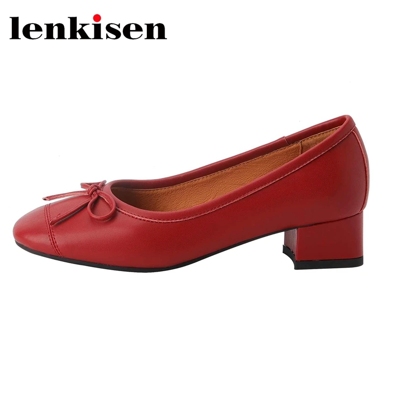 Lenkisen Soft Sheep Leather Round Toe Med Heel Brand Shoes Korean Style Butterfly-knot Beauty Girls Dating Sweet Women Pumps L57