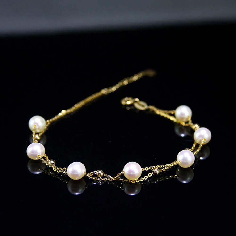 

Real 18K Yellow Gold Bracelet For Women Natural Freshwater Pearl Double Link Small Beads Female's Link 16-19cmL Au750 Jewelry