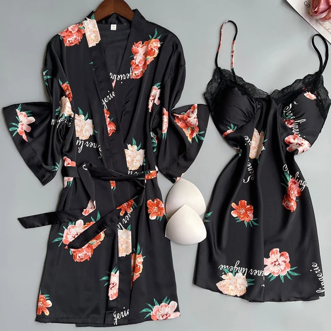 

Print Flower Sleepwear Women Satin Kimono Robe Gown With Strap Nightgown Sexy Lace Bathrobe Loungewear Patchwork Nightwear