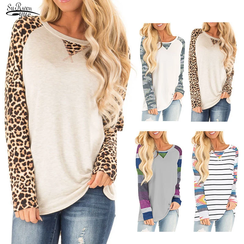 

Autumn Printed O-Neck Striped T-shirt Winter New Cotton Blouse Raglan Sleeve Leopard Long Sleeve Blouse for Women Tops 19054