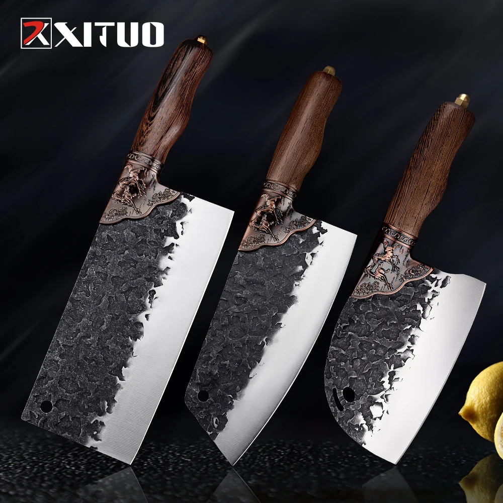 

XITUO 50Cr15MoV Forged Steel Double Horse Hard Forged Multifunctional Chinese Kitchen Knives Cutting Meat Slices Wenge Handle