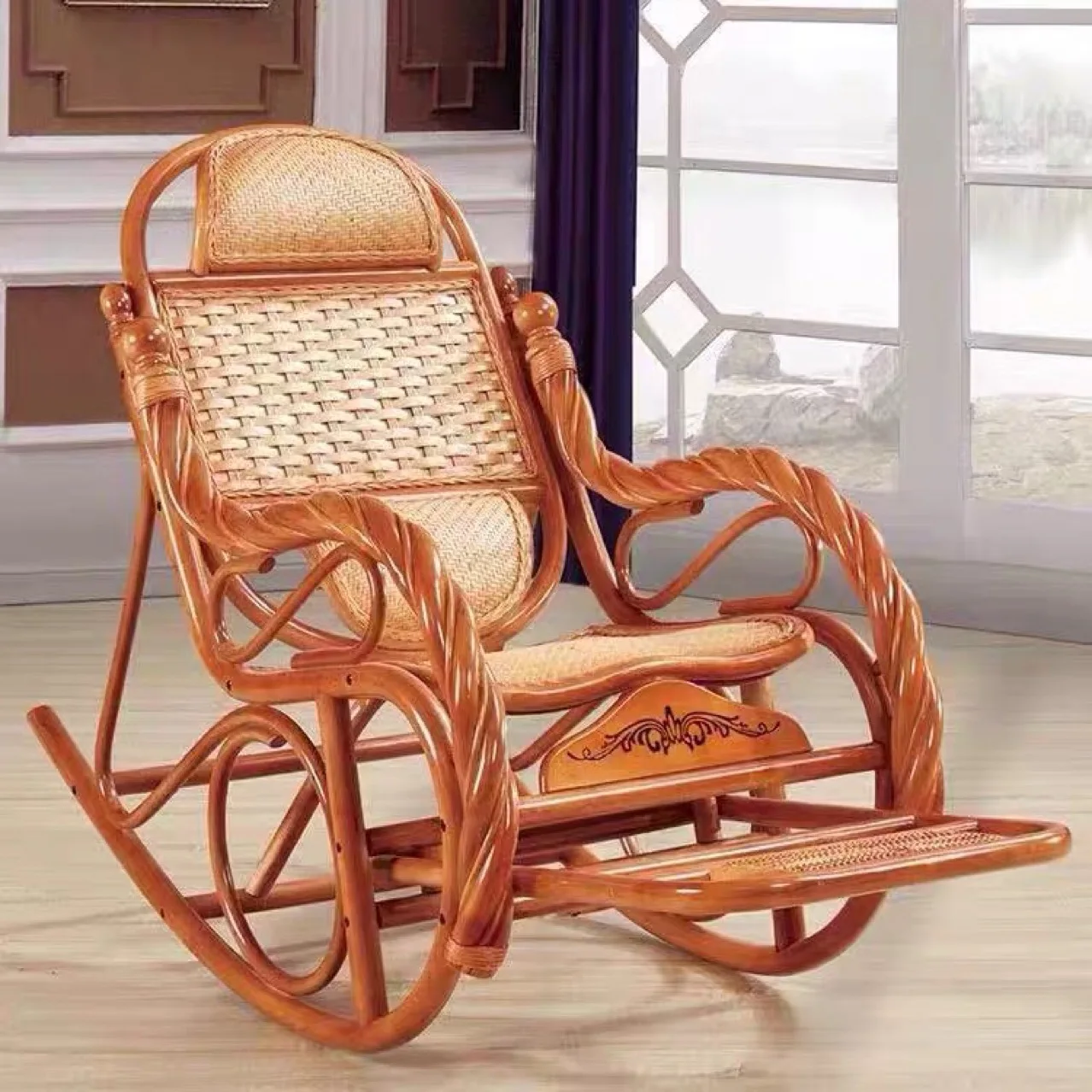 Luxury Rocking Chair With Cushions Rattan Wicker Furniture Indoor Living Room Glider Recliner Modern Rattan Easy Chair