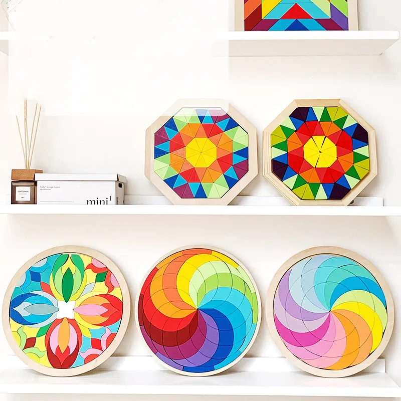 

Kids Montessori Rainbow Wooden Puzzle Toys Art Geometric Jigsaw Imagination Training Mandala Blocks Toys Brain Games Large Disks