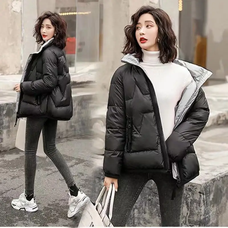 Women's Shiny Cotton Down Padded Pocket Keep Warm Jackets Short Plus Velvet Thick Jacket Korean Style Loose Stand Collar Coats