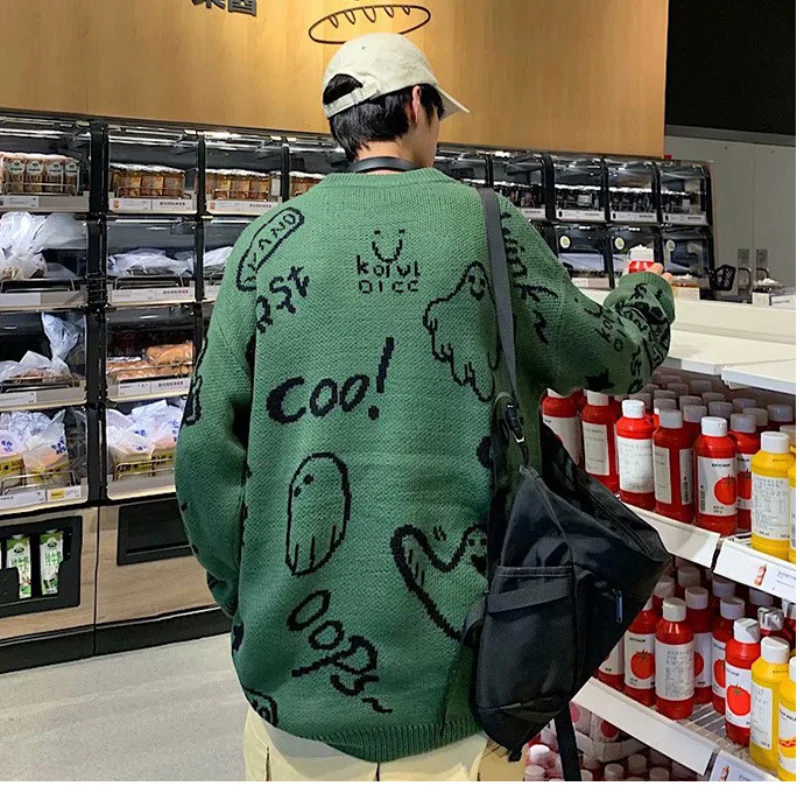 Harajuku Sweater Men Fashion Knitted Hip Hop Streetwear Cute Dinosaur Cartoon Pullover O-neck Oversizes Casual Sweaters Male