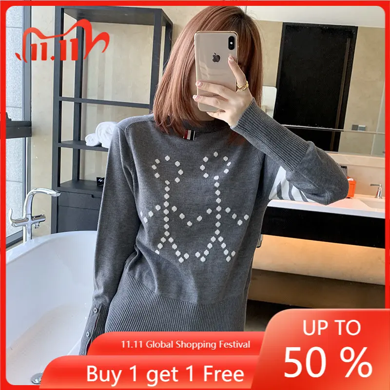 

High Quality Korean Style Trendy TB Fall/Winter New Classic British Style Four-bar Back Stickman Pattern V-neck Knitted Cardigan