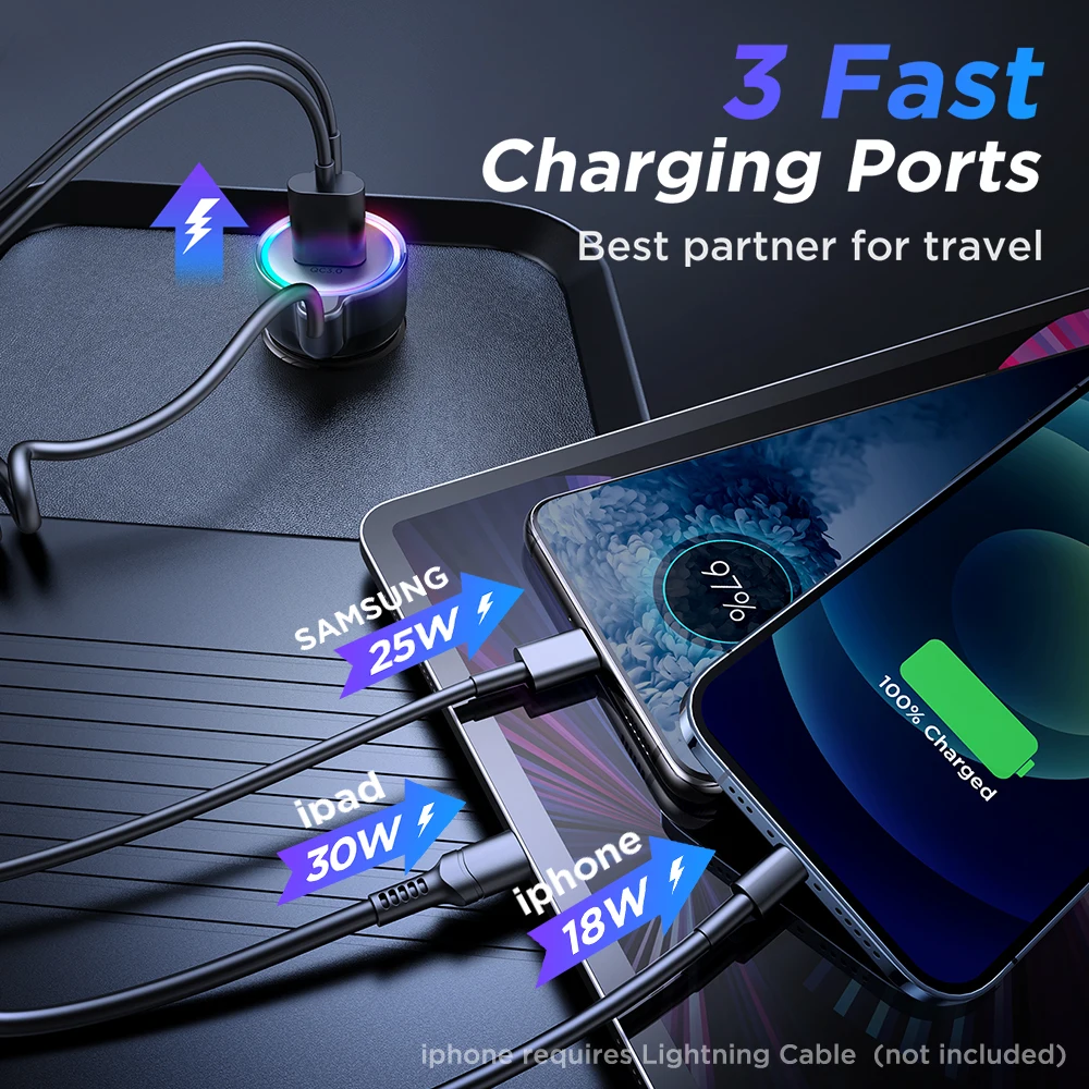 Joyroom Fast USB C Car Charger, 55W 3-Fast Port Super Quic Car Charger PD& QC3.0 with 1.5m 30W Super Fast Type C Coiled Cable