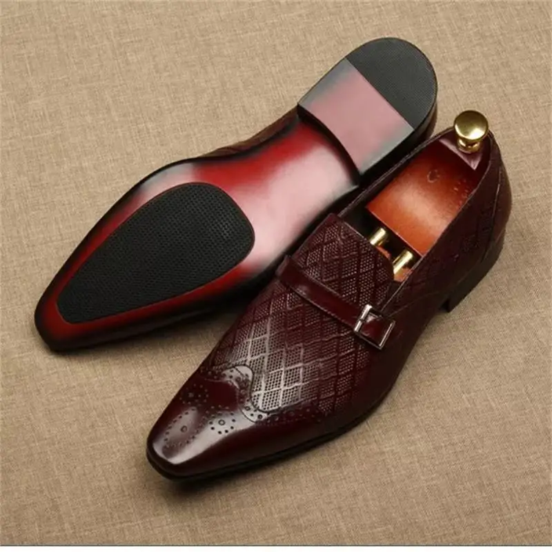 

Men Elegant Loafers Solid Color PU Plaid Engraved Belt Buckle Slip-On Fashion Business Casual Wedding Party Daily Dress Shoes