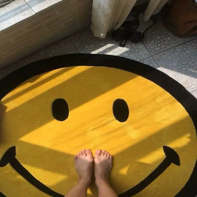 40-140cm Smiley Face Carpet Yellow Round Rug Carpet Makeup Gaming Chair Round Rug Living Room Children Bedroom Carpet Home Decor