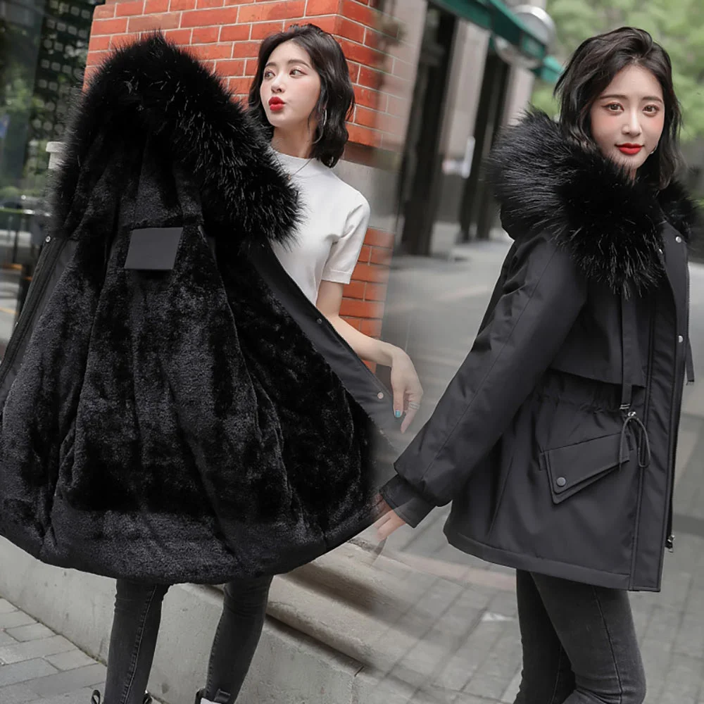 Warm Thicken Winter Women Jacket Solid Loose Fur Collar Hooded Cotton Padded Coat for Ladies Casual Wool Liner Parkas