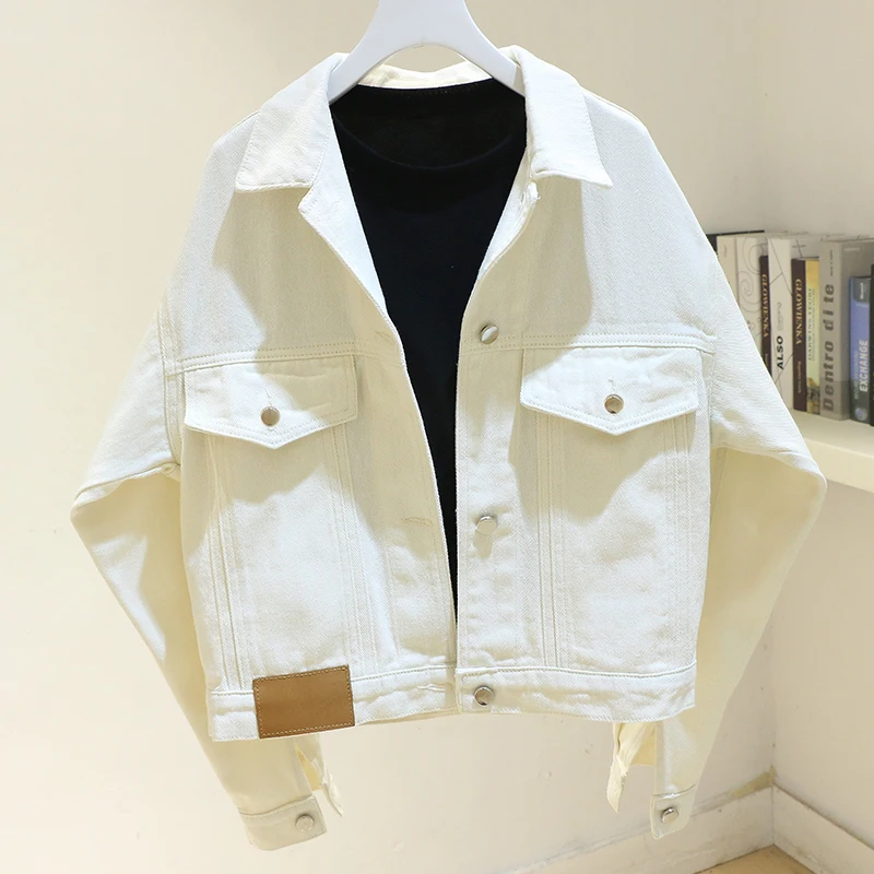 

Fashion Apricot Denim Jacket Women Loose Casual Short Cowboy Outerwear Spring Autumn Korean Long Sleeve Jeans Jacket Coat Female