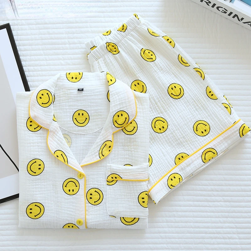 Summer Women's Nigtwear Cotton Gauze Short-sleeved Shorts Pajamas Suit Women's Crepe Happy Face Thin Lounge Home Pajamas Female