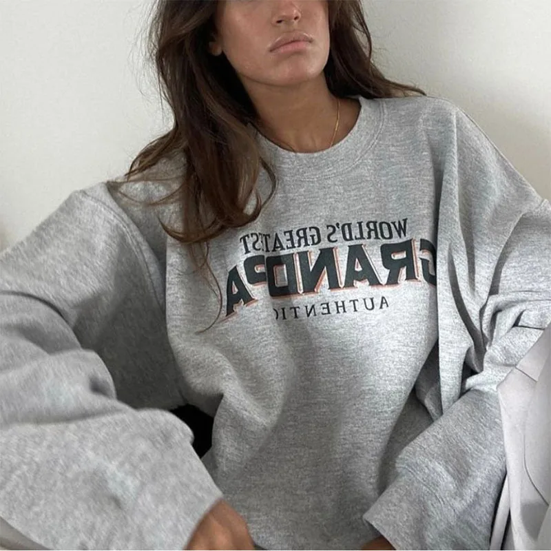 

Capless Gray Women Sweater Autumn and Winter New Round Neck Letter Printing Top