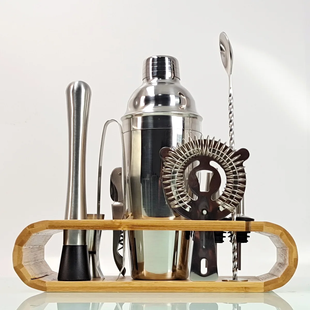 

Stainless Steel Cocktail Shaker Mixer Drink Bartender Browser Kit Bars Set Tools with Wooden Rack Stand Home Party Accessories