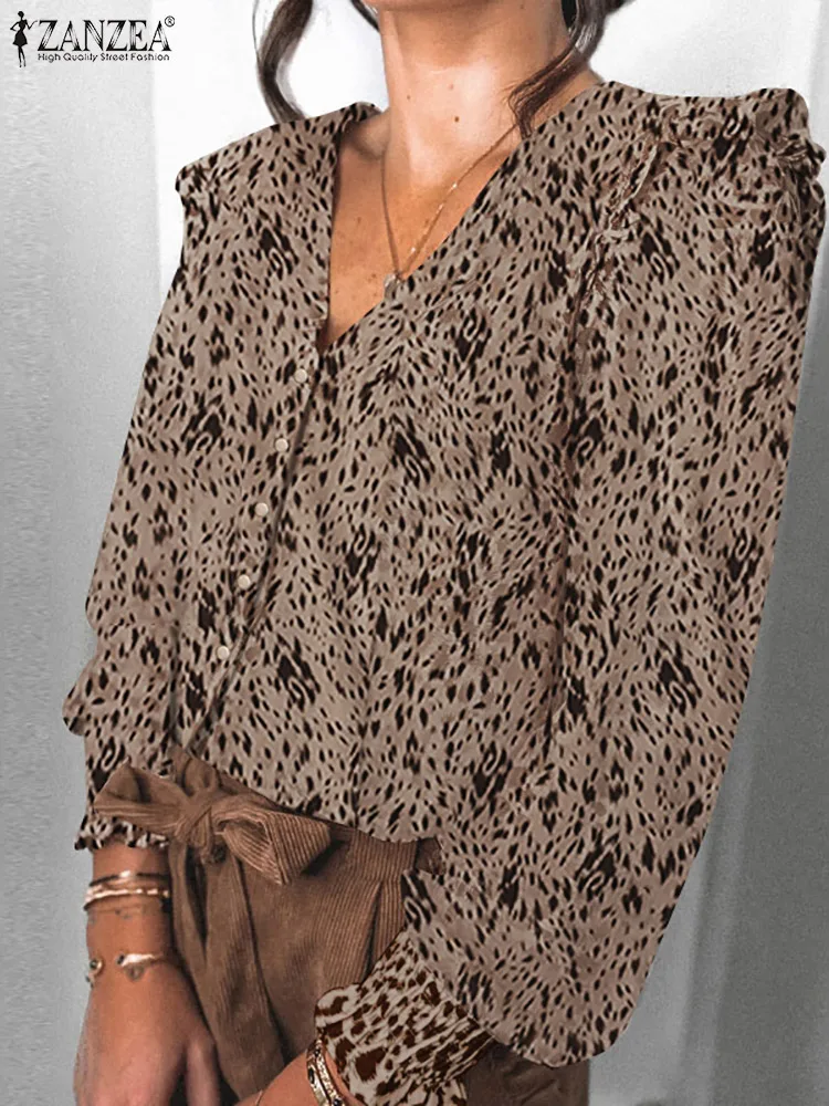 

ZANZEA Bohemian Women Leopard Printed Blouse Full Sleeve V-Neck Ruffles Blusas Fashion Casual Elegant Loose Holiday Tops Chemise