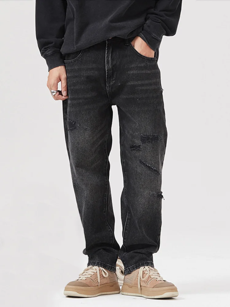 

Four Seasons High Street Vibe Wind Ripped Jeans Men's Trend Black Loose Straight Trousers Fashion Streetwear Ins Hot Sale JEANS
