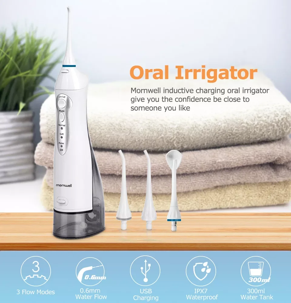 

Mornwell Oral Irrigator USB Rechargeable Water Flosser Portable Dental Water Jet 300ML Water Tank Waterproof Teeth Cleaner