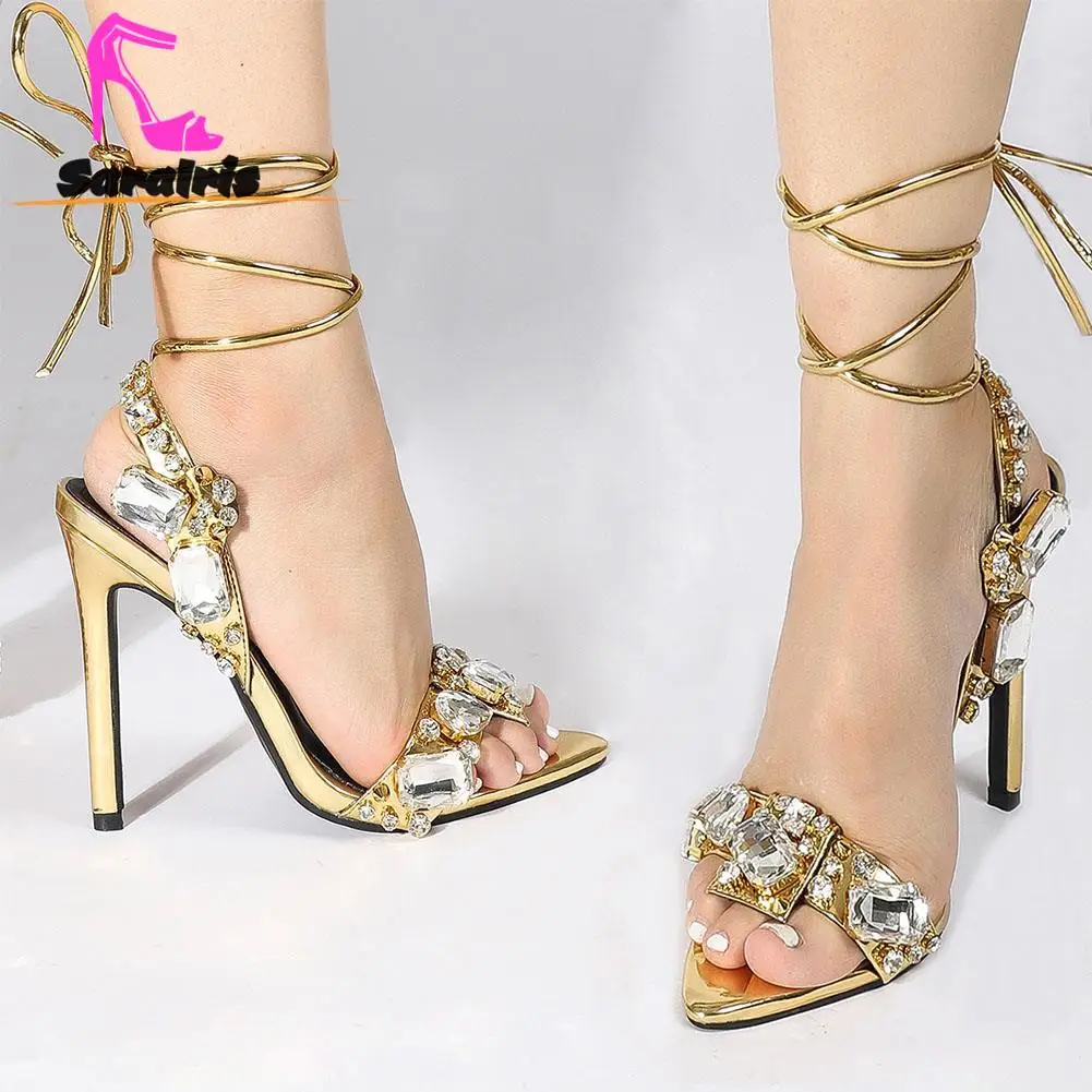

Golden Ankle Lace-Up Women Sandals 2023 Summer European Style Sexy Crystal Rhinestone Pointed Toe Banquet Party Sandals Ladies