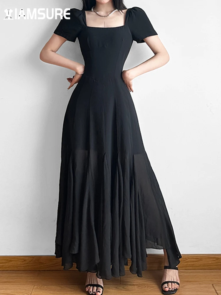 

IAMSURE Basic Solid Patchwork Mesh A-Line Dress Elegant Fashion Square Collar Short Sleeve Maxi Dresses For Women 2023 Summer