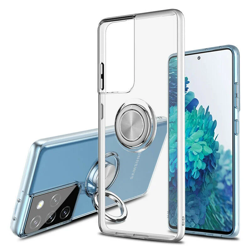 

Shockproof Clear Silicone Case For Samsung S22 S21 S20 Ultra Plus With Metal Ring Holder Stand Clear Soft TPU Phone Back Cover