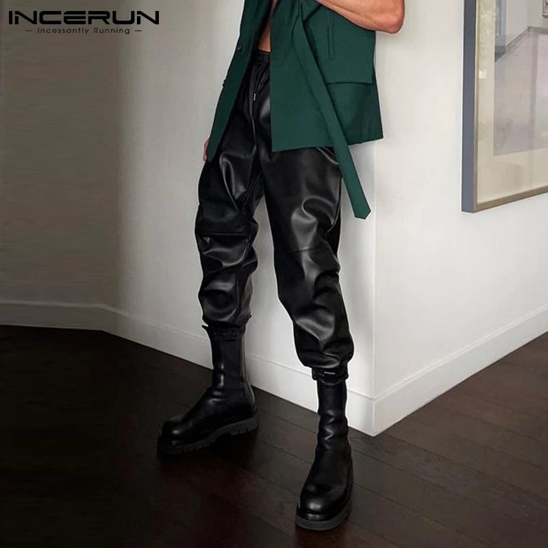 

INCERUN Новые мужские модные универсальные брюки со шнуровкой стильные однотонные мужские кожаные брюки Повседневная Уличная одежда длинные ...