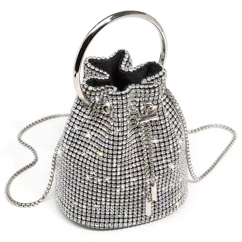 

High end women's bag 2023 vest, rhinestone bag, bucket bag, single shoulder diagonal cross chain bag, small cabbage basket