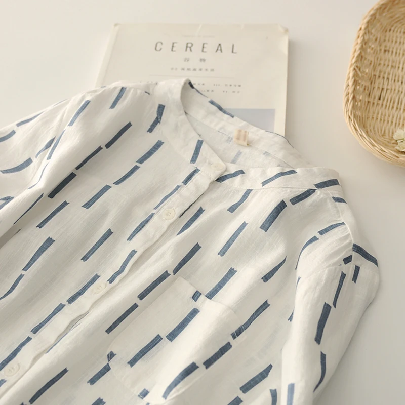 

Spring Blue And White Striped Long Sleeve Shirt Women Clothing Stand Collar Bottom Outfit Cotton Blouses Tops U337