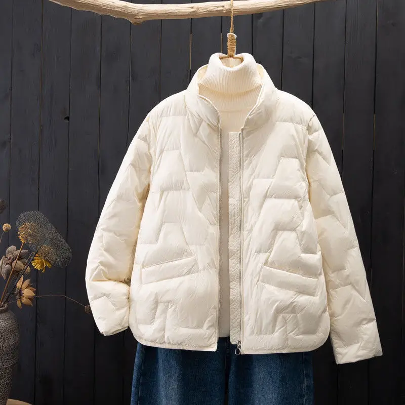 High-end white duck down bright light thin down jacket women's short 2022 new simple stand collar fashion small and light enlarge