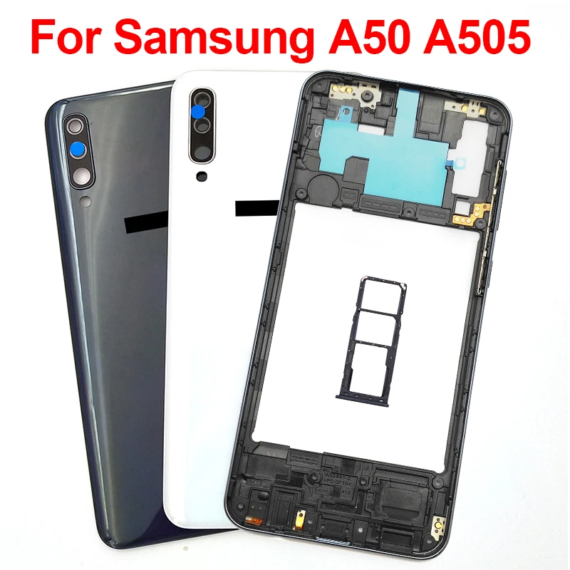 

Middle Frame For Samsung Galaxy A50 2019 A505 SM-A505F Housing Middle Frame Battery Cover Back Panel Rear Door With SIM Card Tra