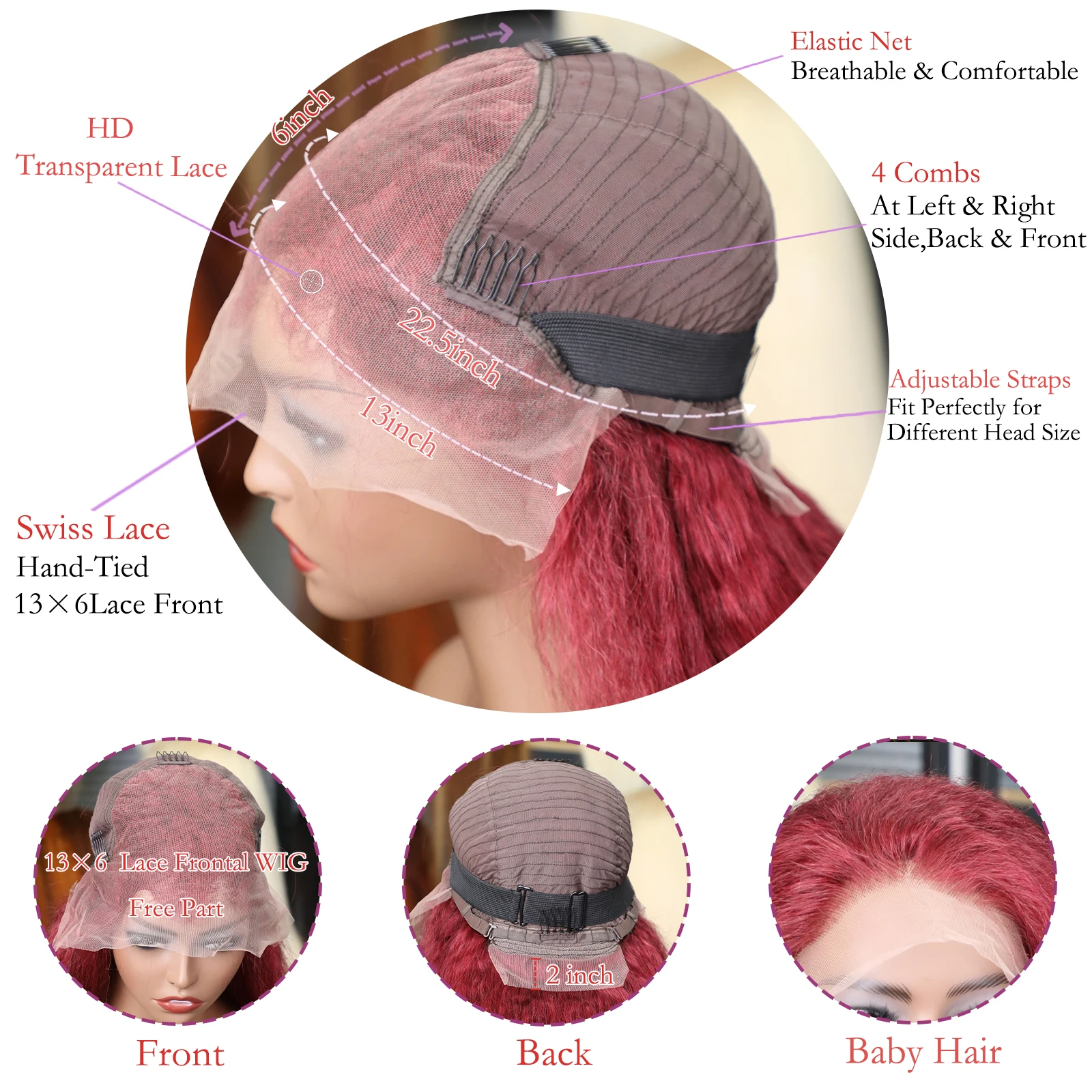 Kinky Straight 99J Бордовый 13x6 HD Парики из натуральных волос на фронтальной части шнурка