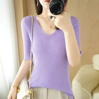 worsted knit sweater korean womens v neck vertical strip solid color short sleeve pullover casual fashion thin tops versatile