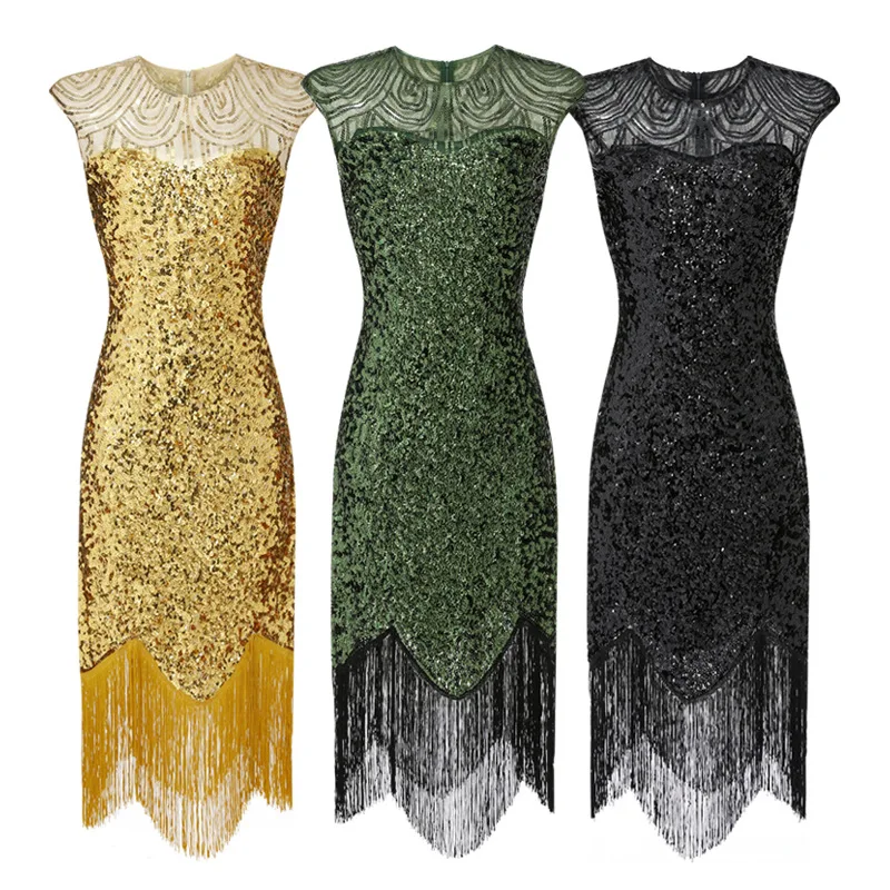 

2022 European and American new women's dress new party sexy dress fashion solid color sequins fringed dress