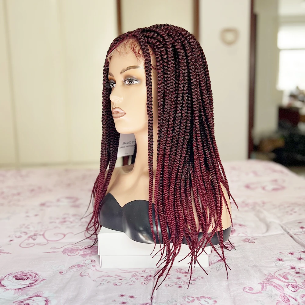 Short Braided Lace Wigs For Women Ombre Brown Red Heat Resistant Crochet Box Braided Wig African Synthetic Braiding Hair Wig