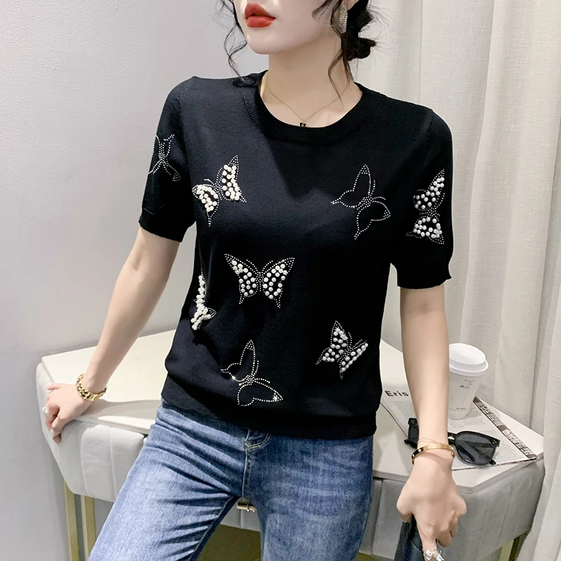 

Женская трикотажная футболка с коротким рукавом, яркая футболка в европейском стиле с блестящими бриллиантами и бабочками, модель 2023 на лето, 34091
