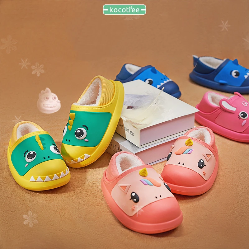 Boys Cartoon Dinosaur Winter Slippers Girls Cute Unicorn Home Shoes Children Warm Fur Slipper Kids Home Slippers