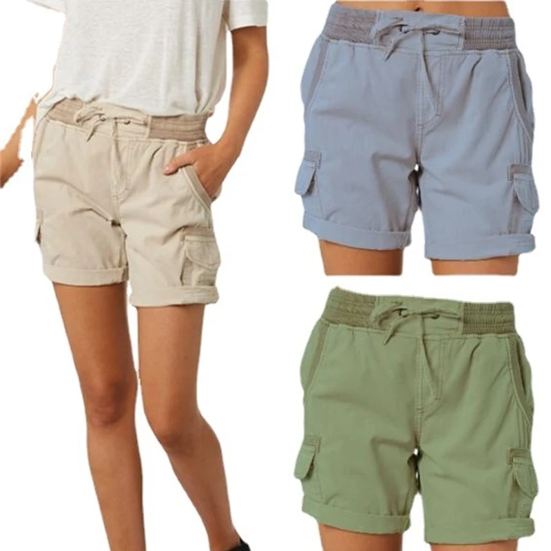

Women's Summer New High Waist Casual Solid Color Shorts Ladies Fashion Pocket Drawstring Thin A-Line Loose Wide Leg Cargo Shorts