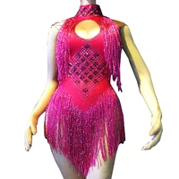 sparkling rhinestones halter sleeveless women bodysuits shining fringes evening prom outfit nightclub show stage costumes