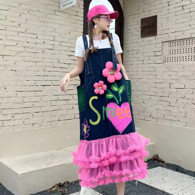 Женское джинсовое платье на бретельках голубое или розовое длинное Сетчатое из