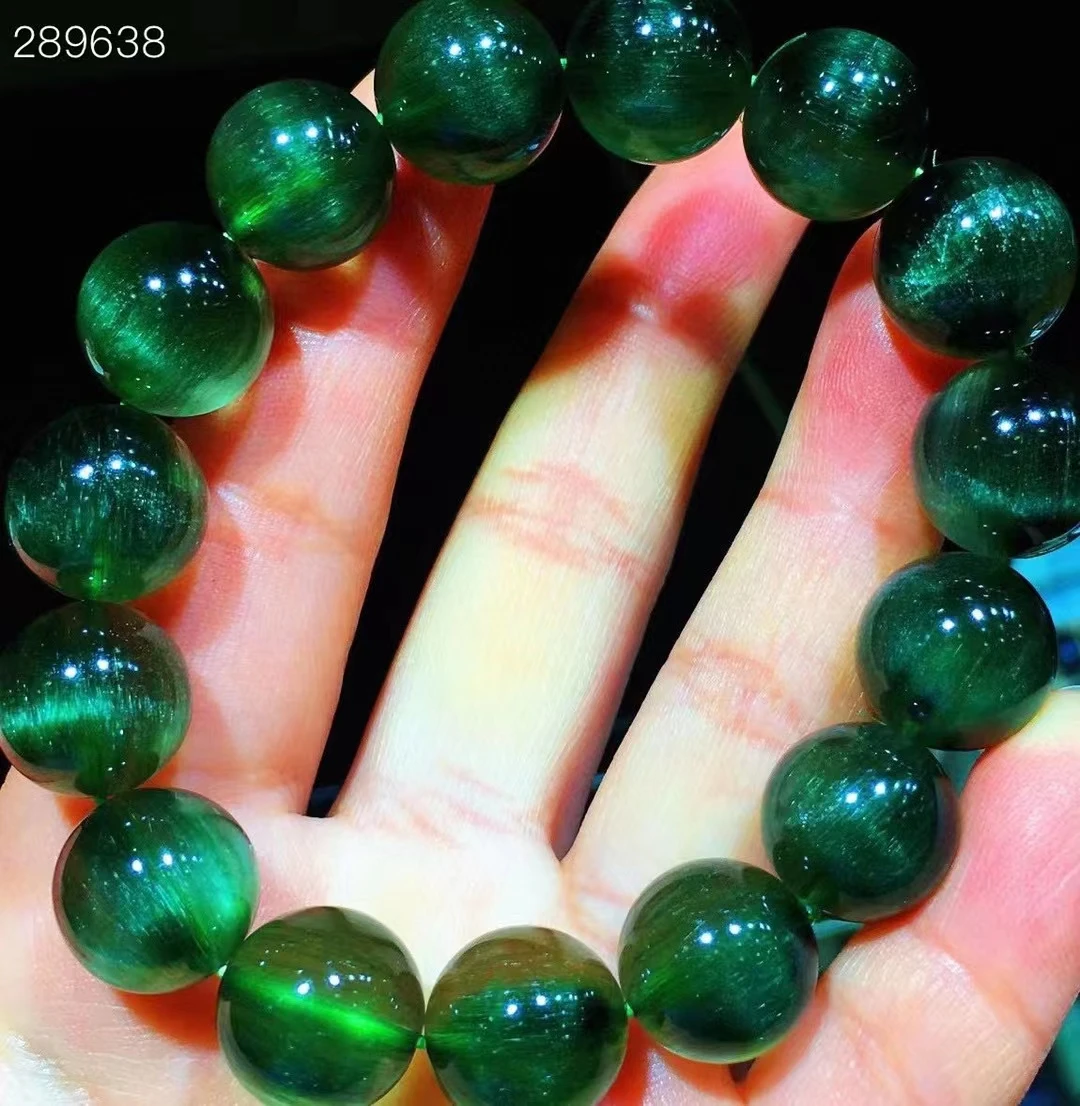 

Natural Green Rutilated Quartz Bracelet Women Men 13mm Brazil Gemstone Cat Eye Stretch Crystal Rutilated Clear Round Beads AAAAA