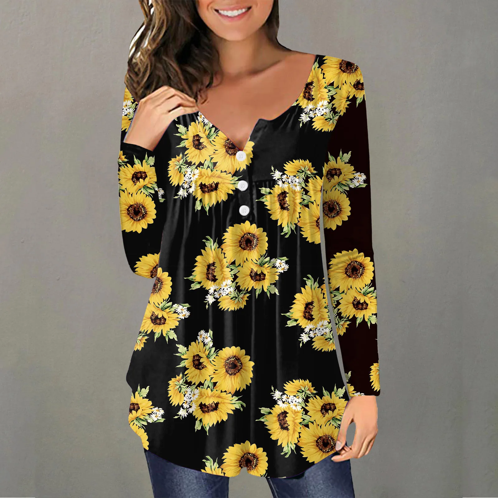 

Womens Daily Summer Print V Neck Tops Long Sleeve Tee Shirt Printed Flower Loose Side Split Blouse Tunic Tee Shirts Women Summer