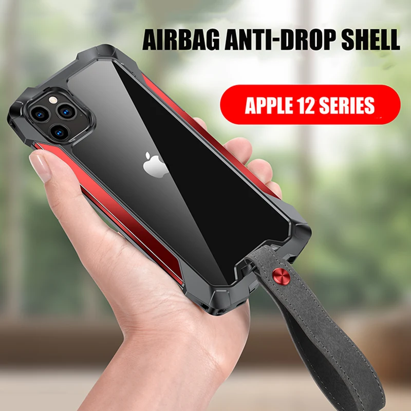 Luxury Shockproof Phone Case for iPhone 13 11 Pro Max XS 12 Mini Soft Silicone Transparent Airbag Metal Frame Back Cover Lanyard